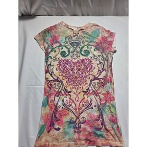 Daytrip Womens Floral Heart Rhinestone Graphic T-Shirt Watercolor Y2K Pink M